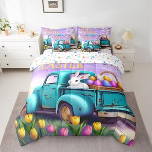 Erosebridal Комплект постельного белья Happy Easter King с уютным дизайном кроликов и пасхальных яиц, винтажный цветочный принт с грузовиком, Teal Purple