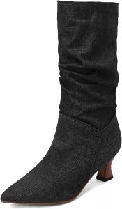 Женские сапоги Elbslutt с заостренным носком, средней длины, свободной посадкой, на низком каблуке, с тянущейся посадкой и широким голенищем, Denim Black