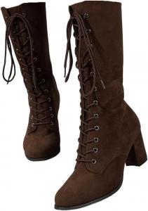 Женские винтажные ковбойские ботинки на шнуровке, с круглым каблуком, модные высокие каблуки, зимние ботильоны Generic, Brown