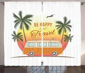 Шторы ABAKUHAUS Surfing Rustic Curtain, ретро-пальмы 60-х годов, универсальные ленточные шторы для гостиной с петлями и крючками, 280 x 175 см, цвет: оранжевый, зеленый, желтый Abakuhaus