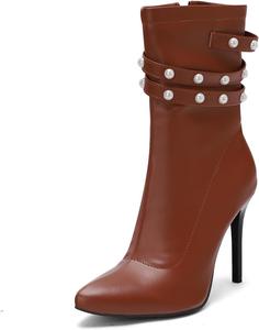 Женские модные ботильоны с заостренным носком на высоком каблуке, с молнией, шпильки, украшенные жемчугом, элегантные короткие ботинки JOEUSTY, Brown