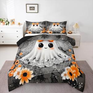 Erosebridal Комплект постельного белья Cute Cartoon Ghost Girls с готическим принтом паутины и цветов в стиле кавай, Orange Grey White
