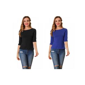 2 упаковки женских классических футболок узкого кроя с рукавами до локтя и вырезом «лодочка» ALLEGRA K, цвет Black Royal Blue