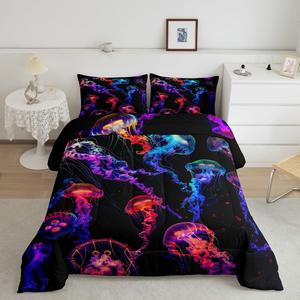 Erosebridal Комплект постельного белья Jellyfish Ocean Sealife с морскими животными и вставкой для одеяла в стиле кавай, Black Red Blue Purple