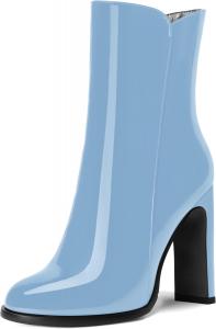 Женские офисные ботинки ROSERWISH на молнии, с классическим округлым носком, лакированной отделкой, высокими блочными каблуками и средним голенищем, 4 дюйма