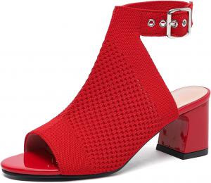 Женские вязаные босоножки с открытым носком, застежкой на щиколотке и толстым каблуком, летние дышащие с сеткой, с открытым носком, на массивном каблуке, модные рабочие и прогулочные сандалии GHIBHNA, Red