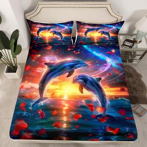 Erosebridal Комплект постельного белья Dolphin с романтичными розами и океанскими существами, включает наволочку, Black Red