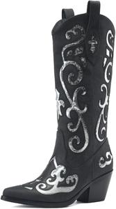 Женские ковбойские сапоги до колена в западном стиле для женщин, ковбойские сапоги до середины голени с цветочной вышивкой, заостренным носком и массивным каблуком 2,5", женские сапоги в западном стиле Peiyaqian, Black