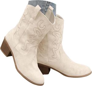 Женские ковбойские ботинки Ботильоны на щиколотку Широкие средние голени С заостренным носком Вестерн ботинки Короткие массивные классические ботильоны Iwihmiv, белый