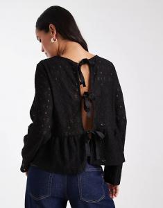 Топ из трикотажного кружева Object с баской по подолу и завязкой-бабочкой сзади, черный