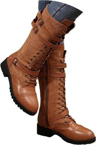 Женские сапоги до колена с шнуровкой, военные, низкий каблук, круглый носок, массивные каблуки, кожаные, осенне-зимние, винтажные, повседневные ботильоны Generic, Khaki