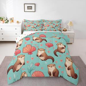 Erosebridal Комплект постельного белья Kids Kawaii Otter с морскими выдрами и ракушками, Pink Brown