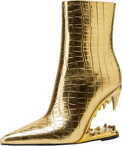 Женские ботильоны с острым носком, боковой молнией, короткие с тиснением под крокодила и лакированной кожей с рисунком «зуб тигра» Poem princess ya, Gold