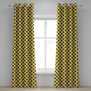 Геометрическая штора на люверсах ABAKUHAUS с узором ромбы и клетчатым узором из ромбов и пунктирных линий, декоративная двухпанельная штора, 280 см x 260 см, желтый, черный и белый