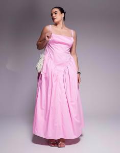 Платье макси из хлопкового сатина ASOS LUXE Curve с завязками на талии и бантом сзади розового цвета