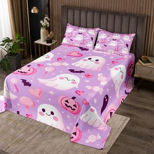 Erosebridal Комплект постельного белья Happy Halloween для детей, розовый и фиолетовый с принтом тыкв, привидений и конфет, Purple