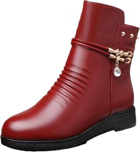 Женские кожаные утепленные ботильоны на танкетке, классический круглый носок, украшены стразами, боковая молния, теплый мех внутри, зимние уличные нескользящие ботинки для снега NEKGNL, Red Plus Velvet