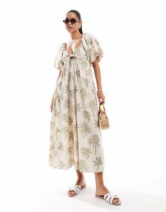 Платье миди с принтом пальм New Look белого цвета с рукавами-фонариками