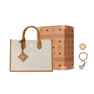 Сумка-шоппер MCM среднего размера из холста с кожаной отделкой, через плечо, женская, бежевая