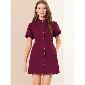 Женское джинсовое платье, пышное платье-рубашка на пуговицах с коротким рукавом, платья ALLEGRA K, темно-синий