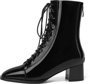 Женские ботильоны WAYDERNS с квадратным носком, шнуровкой, матовой отделкой, молнией, массивным низким каблуком, высокие до щиколотки, короткие с 2-дюймовым каблуком, Black Patent