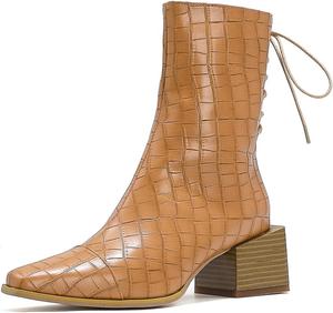 Женские классические ботильоны VOKLIN с квадратным носком, западным стилем, на молнии и шнуровке, с массивным средним каблуком, элегантные короткие ботинки, Brown-Velvet Lined