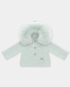 Вязаное пальто для малышей с капюшоном и искусственным мехом светло-зеленого цвета Martín Aranda