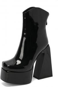 Женские ботильоны на платформе с квадратным носком, толстым каблуком и молнией сзади, панк-готического стиля, из лакированной кожи, боевые ботинки, на высоком каблуке, эластичные, зимние, короткие, для вечеринок, байкерские ботинки Generic, Black