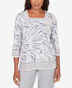 Женская блузка Comfort & Joy с квадратным вырезом и анималистическим принтом по краю Alfred Dunner, Gray Multi
