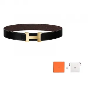 HERMES Мужской кожаный ремень из коровьей кожи черный шоколадный шириной 3.8 см, Black/Chocolate