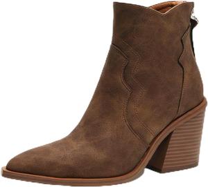 Женские замшевые ботильоны с бахромой, застежкой-молнией на спинке, устойчивым каблуком, заостренным носком, удобные, с нескользящей подошвой, вестерн-стиль для повседневной носки и работы на улице MIKAZONNE, Brown