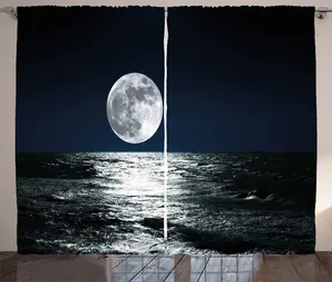 Штора ABAKUHAUS Луна в деревенском стиле, рисунок на тему Эфир, универсальная ленточная штора для гостиной с петлями и крючками, 280 x 225 см, темно-синий, белый, черный Abakuhaus