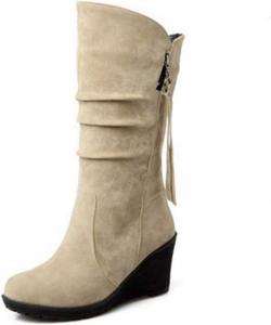 Женские модные сапоги VOKLIN на среднем каблуке, с мягкой складкой до середины голени, из замши, с круглым носком, широкой платформой, высоким каблуком и бахромой, Beige-Velvet Lined