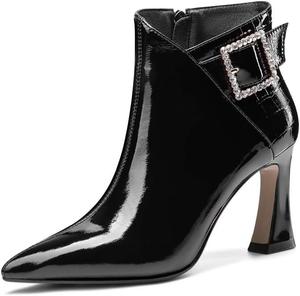 Женские ботильоны TinaCus с острым носком, высокие каблуки, застежка сбоку на молнию, ручная работа из лакированной кожи, большие размеры, с блестящей пряжкой из страз, Black