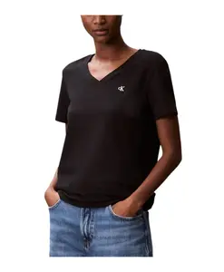 Черная хлопковая футболка с V-образным вырезом для женщин Calvin Klein Jeans, черный