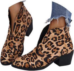 Женские ботильоны с зауженным носком, с молнией сзади, челси, массивный низкий каблук, стильные вестерн-ботильоны Generic, Leopard