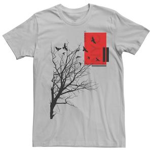 Мужская футболка с графическим рисунком и силуэтами ветвей летающих птиц Generic, цвет Silver