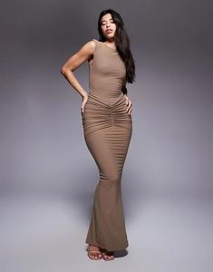 Платье макси Wanderdoll Poppy из сетчатой ​​ткани без рукавов со сборками на талии цвета мокко