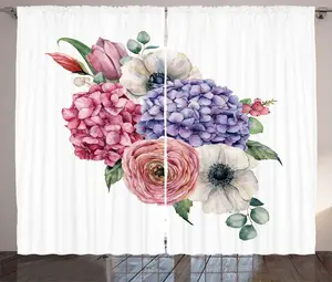 Романтическая штора в деревенском стиле ABAKUHAUS, цветочный букет из гортензий, присборенная ленточная штора для спальни с петлями и крючками, 280 x 225 см, белый, разноцветный Abakuhaus