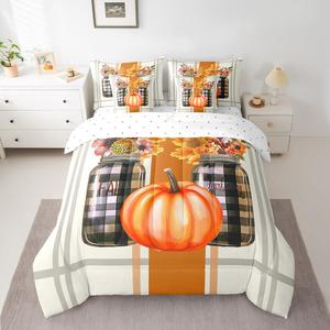 Erosebridal Комплект постельного белья King Size с осенним декором в стиле урожая, полосатый принт с кленовыми листьями и тыквами, включает стеганое одеяло и наволочки, Orange Yellow