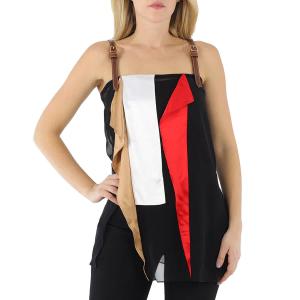 Burberry Черная кожаная деталь Цветной блок Шелковый топ