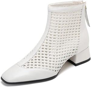 Женские ботильоны FIFSY с квадратным носком, сеткой и массивным каблуком, короткие ботинки с задней молнией, элегантная дышащая повседневная обувь, White