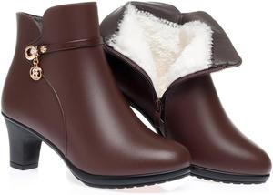 Женские ботильоны на среднем каблуке с модным дизайном, украшенные стразами и пряжкой, с комфортной теплой подкладкой из меха, на массивном каблуке, зимние ботинки с боковой молнией Hhhchpm, Brown-B-Fleece