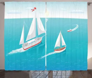 Штора ABAKUHAUS в стиле рустик, синяя вода, парусники и солнце, универсальная ленточная штора для гостиной с петлями и крючками, 280 х 225 см, цвет морской синий и разноцветный Abakuhaus