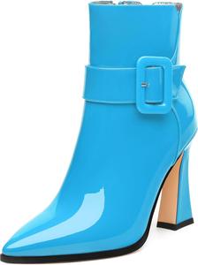 Женские ботильоны, высокие ботильоны на каблуке, ботильоны с заостренным носком, короткие модные ботинки с боковой молнией и пряжкой для женщин GUAVAIVY, Sky Blue Patent