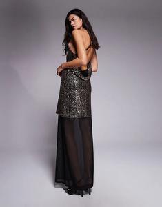 Платье макси ASOS DESIGN с глубоким декольте, пайетками и сетчатой ​​юбкой в ​​золотистом цвете