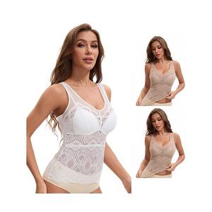3 упаковки женских удлиненных майок с кружевной сеткой, V-образной спинкой, широкими бретелями и фиксированными чашками Inspire Chic, Beige White