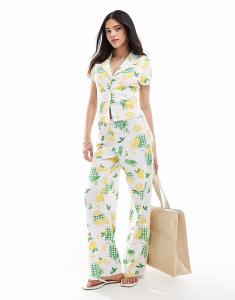 ASOS DESIGN комплект из широких боксерских брюк и кофты в вафельную клетку с лимонным принтом drink