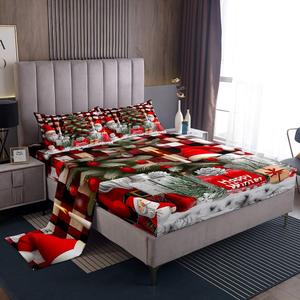 Erosebridal Комплект постельного белья с новогодним принтом Санта Клаус и гномами в красно-белую клетку, Red White Green