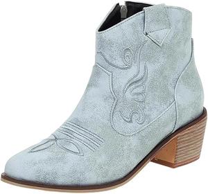 Женские винтажные ковбойские ботинки в западном стиле, короткие на щиколотку с низким каблуком, вышитые, британская вечеринка, модная обувь Generic, Gray A